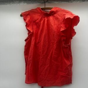 Happy X Nature Red Organic Cotton Ruffle Flutter Sleeve Tie Neck Blouse Medium